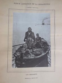 Arte: Antigua Lamina : LOS EMIGRANTS. LLIMONA Y BRUGUERA J. 1887. Album Artístich Renaixensa.